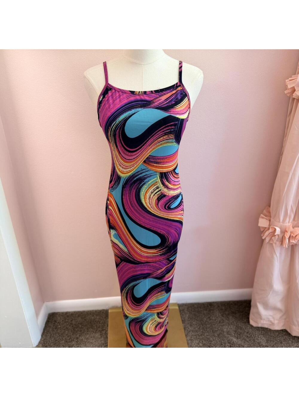 Y2K psychedelic swirl bodycon maxi dress